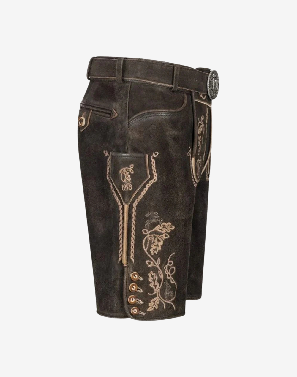 Suede Charcoal Lederhosen for Men side profile with floral stitching, pocket flap, and button detail