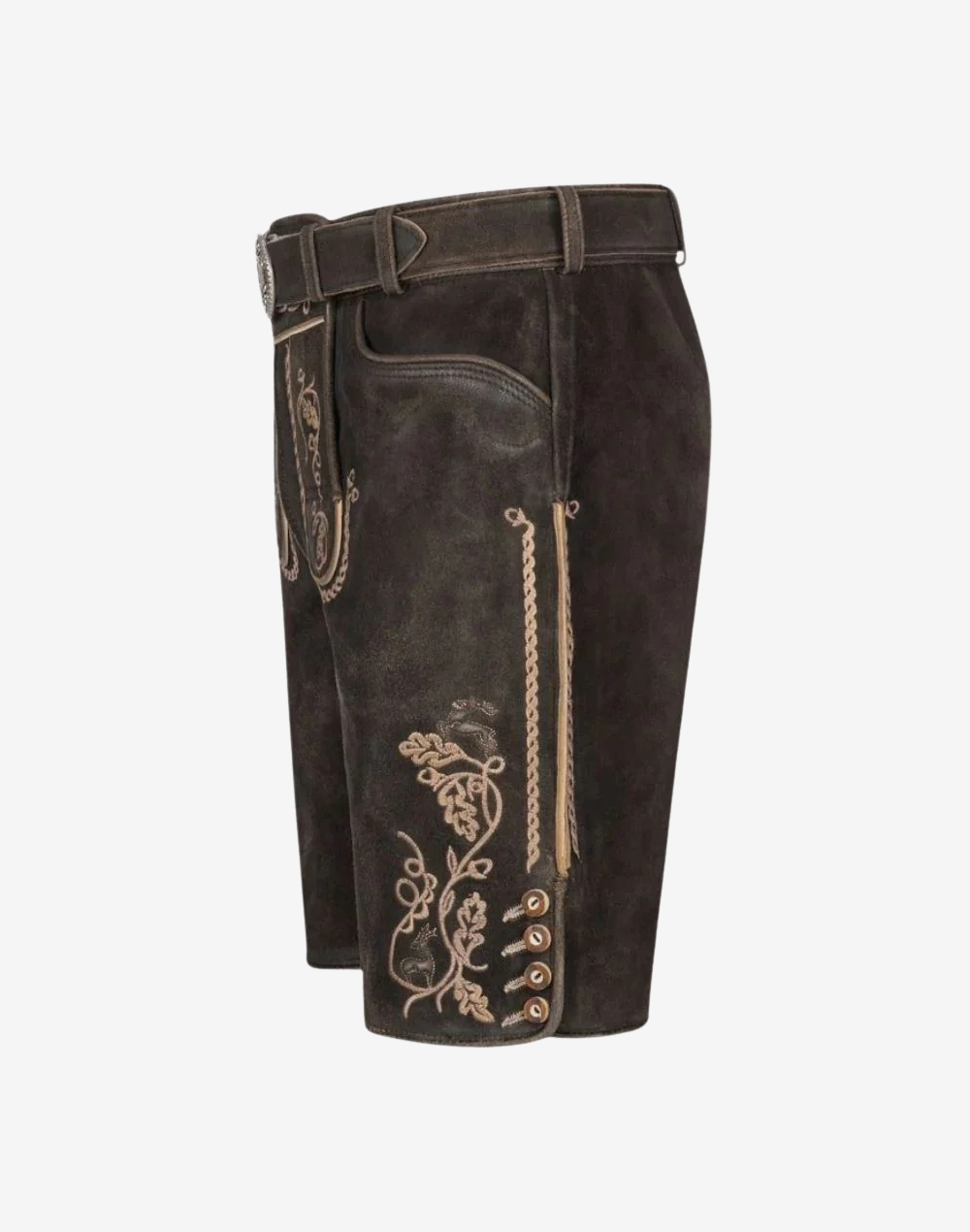 Side view showing braided trim panel, vine embroidery, and buttoned hem on charcoal suede shorts
