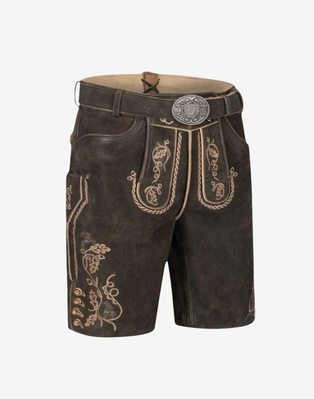 Charcoal Suede Lederhosen for Men angled front view with ornate buckle, embroidered bib, and pockets