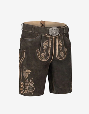 Charcoal Suede Lederhosen for Men angled front view with ornate buckle, embroidered bib, and pockets