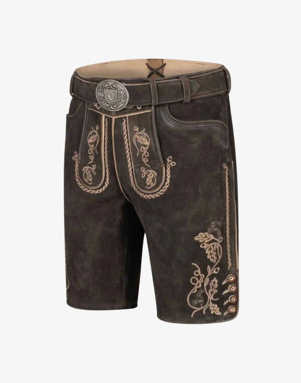 Front angled shot highlighting silver buckle belt, embroidered bib panels, and floral motifs near the legs