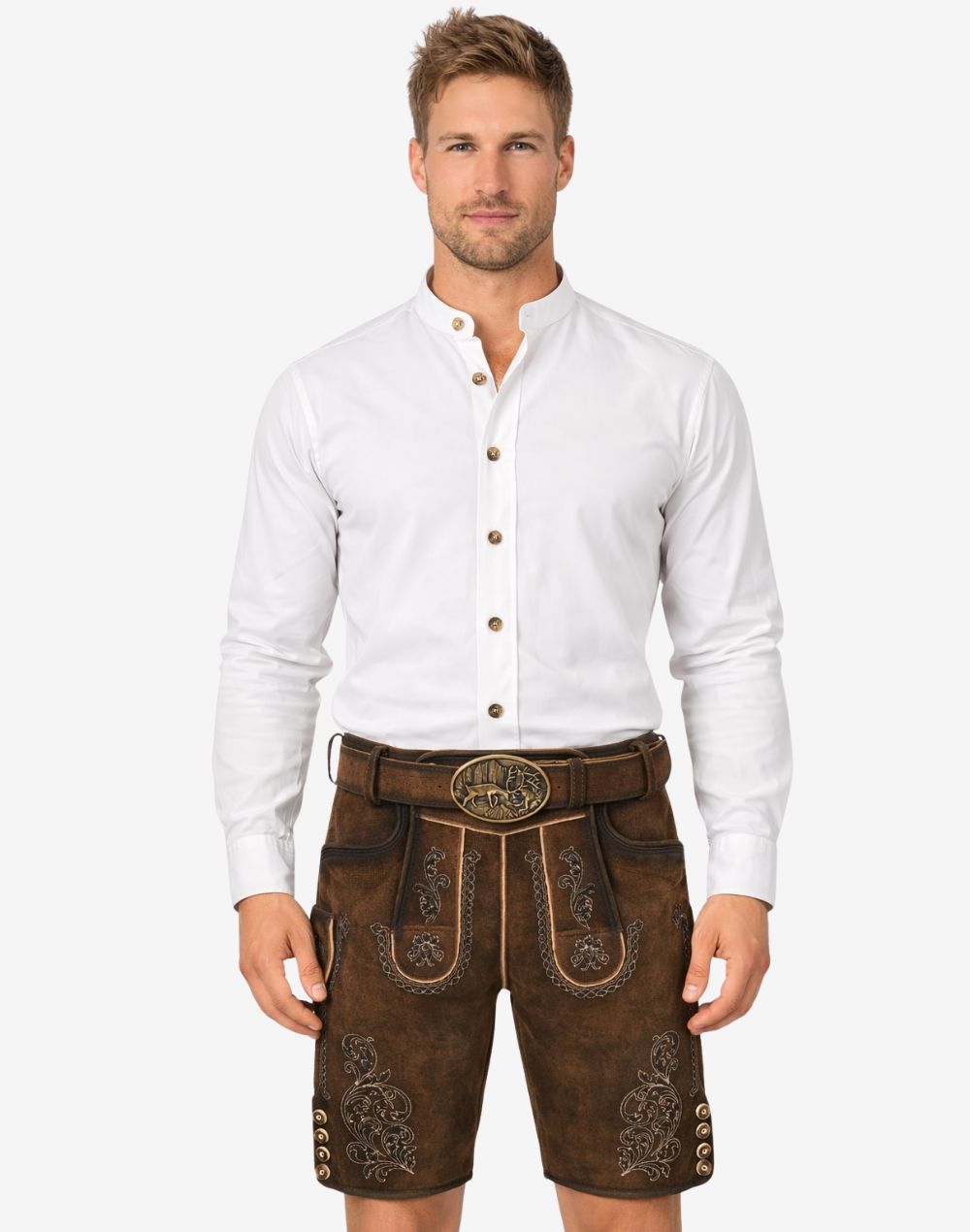 Model wearing vintage brown lederhosen for men with traditional Bavarian embroidery and classic belt buckle