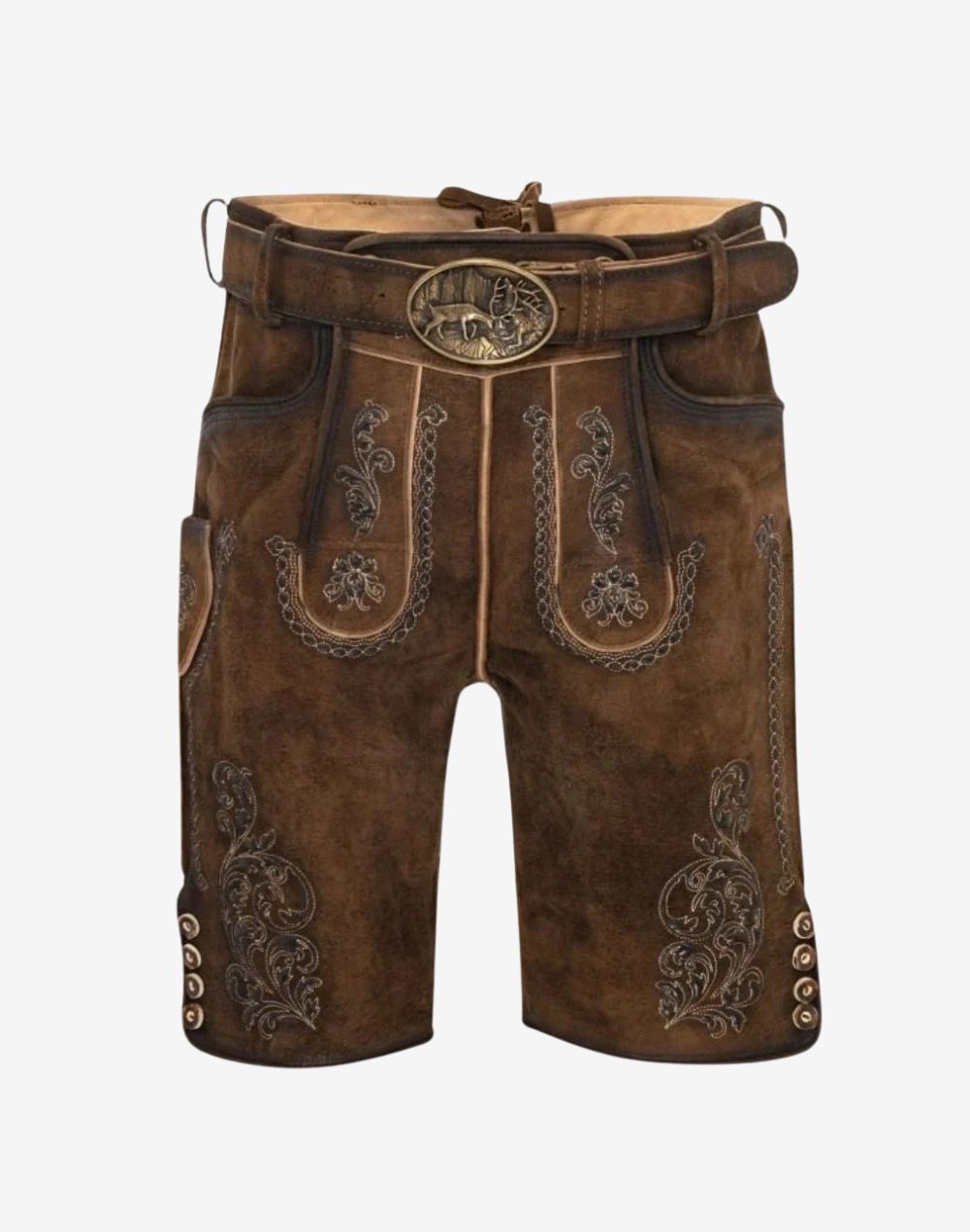 Men Vintage Brown Lederhosen brown suede leather shorts with embossed embroidery, forest buckle belt, and traditional bib front