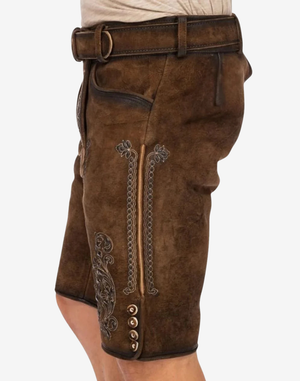 Men Vintage Brown Lederhosen side view showing suede texture, decorative stitching, and buttoned leg hem detail