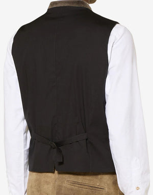 Back view of mens authentic Alpine vest with adjustable strap, traditional tailoring and Bavarian Oktoberfest styling.