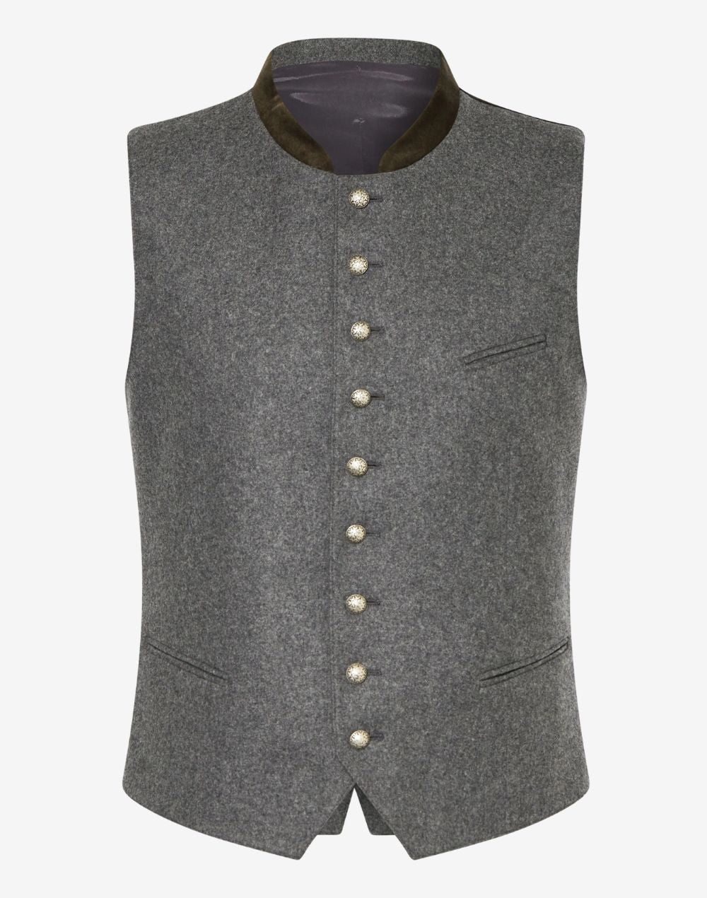 Mens authentic Alpine vest in grey wool with traditional Trachten buttons, classic Bavarian tailoring and Oktoberfest style.