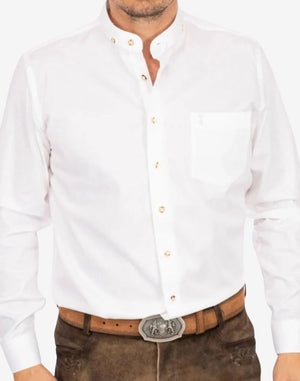 Model wearing authentic mens Bavarian shirt showing clean white fabric, traditional buttons, tailored fit and classic alpine styling