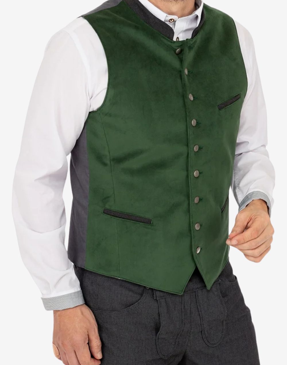 Model wearing authentic Bavarian trachten vest featuring green front panel, metal buttons and traditional Oktoberfest styling