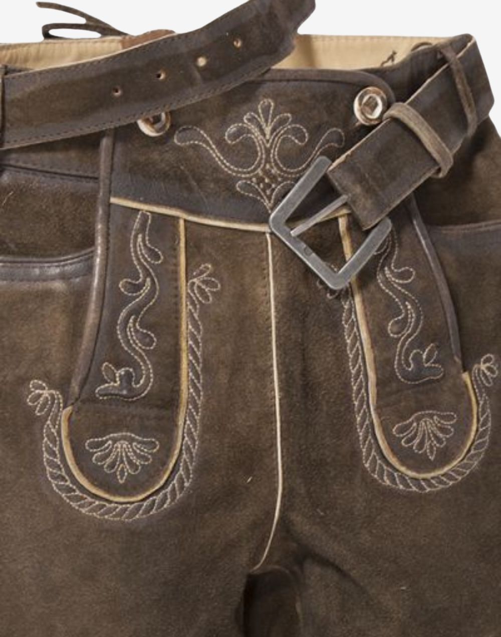 Close view of embroidered front flap on mens authentic bundhosen highlighting decorative stitching, leather belt and classic Bavarian craftsmanship.
