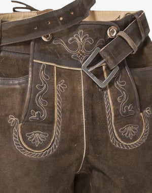 Close view of embroidered front flap on mens authentic bundhosen highlighting decorative stitching, leather belt and classic Bavarian craftsmanship.