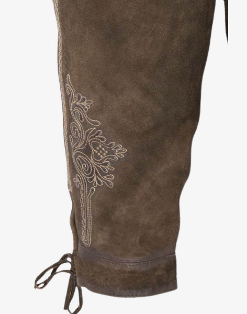 Side view of mens German bundhosen displaying leg embroidery, knee ties and textured brown leather finish inspired by traditional Oktoberfest attire.