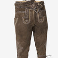 mens authentic German bundhosen in brown leather featuring embroidered bib flap, belt detail and traditional knee-length Bavarian design.