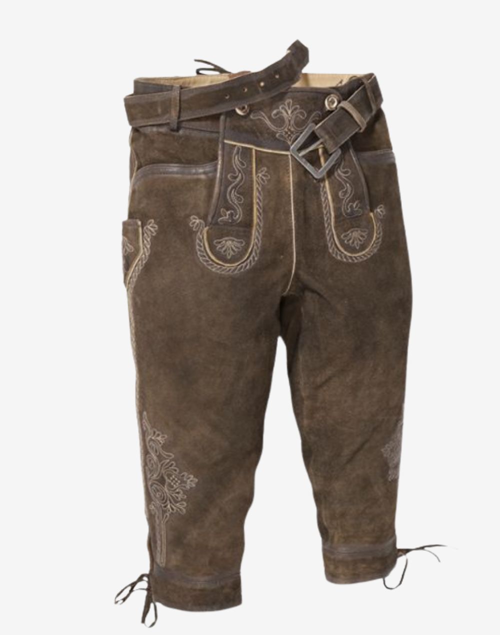 mens authentic German bundhosen in brown leather featuring embroidered bib flap, belt detail and traditional knee-length Bavarian design.