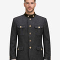 Front view of model wearing Mens Authentic German Jacket in dark textured fabric with flap pockets and stand collar