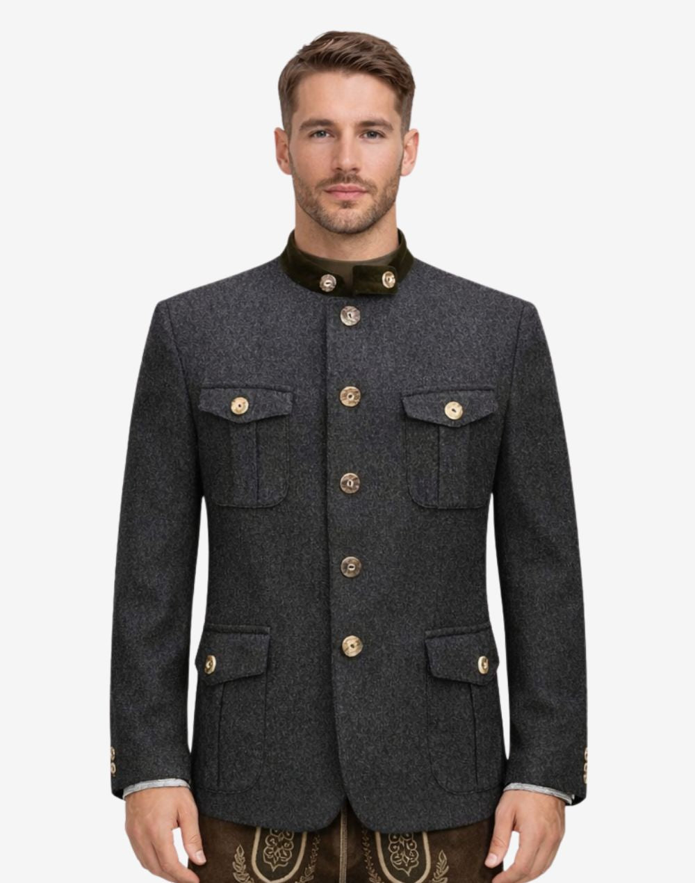 Front view of model wearing Mens Authentic German Jacket in dark textured fabric with flap pockets and stand collar