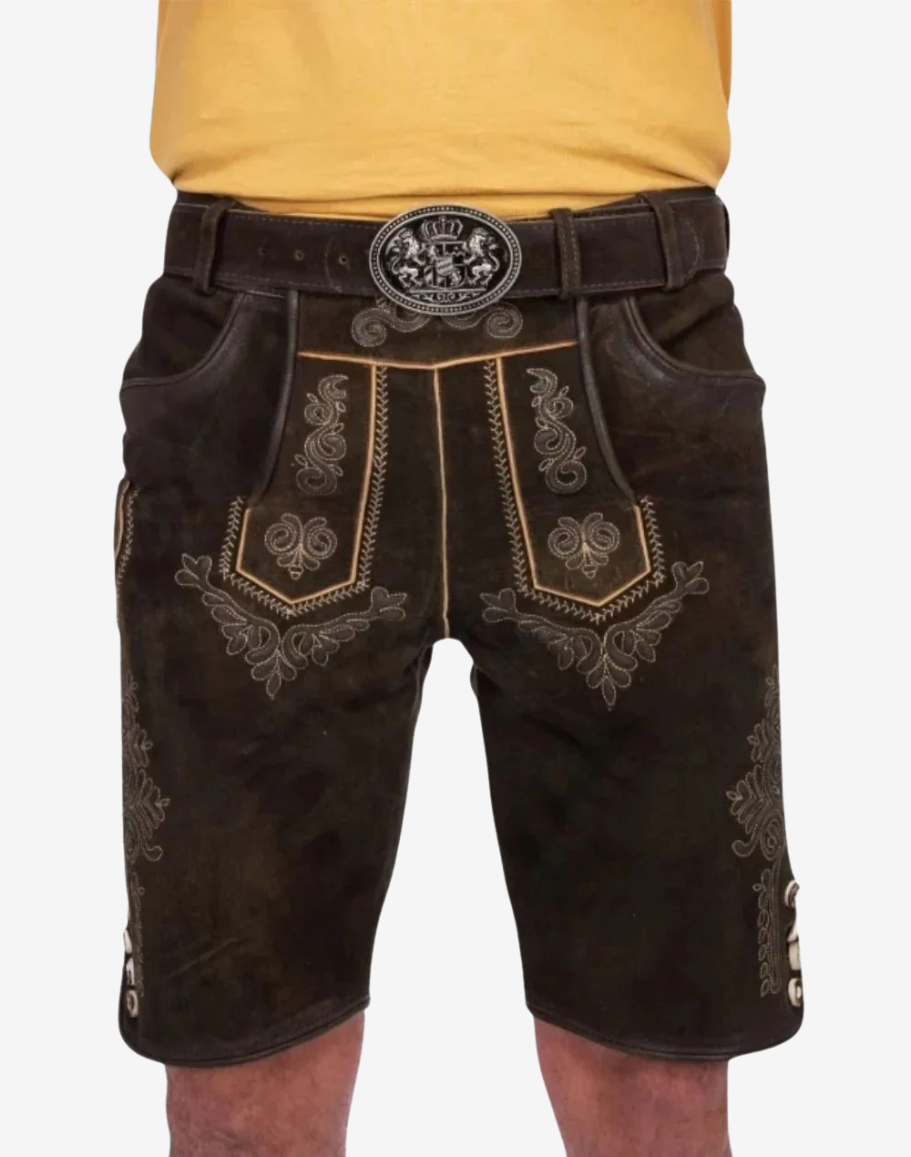Bavarian-style lederhosen for men with embroidered pockets, Latz front and ornate buckle belt