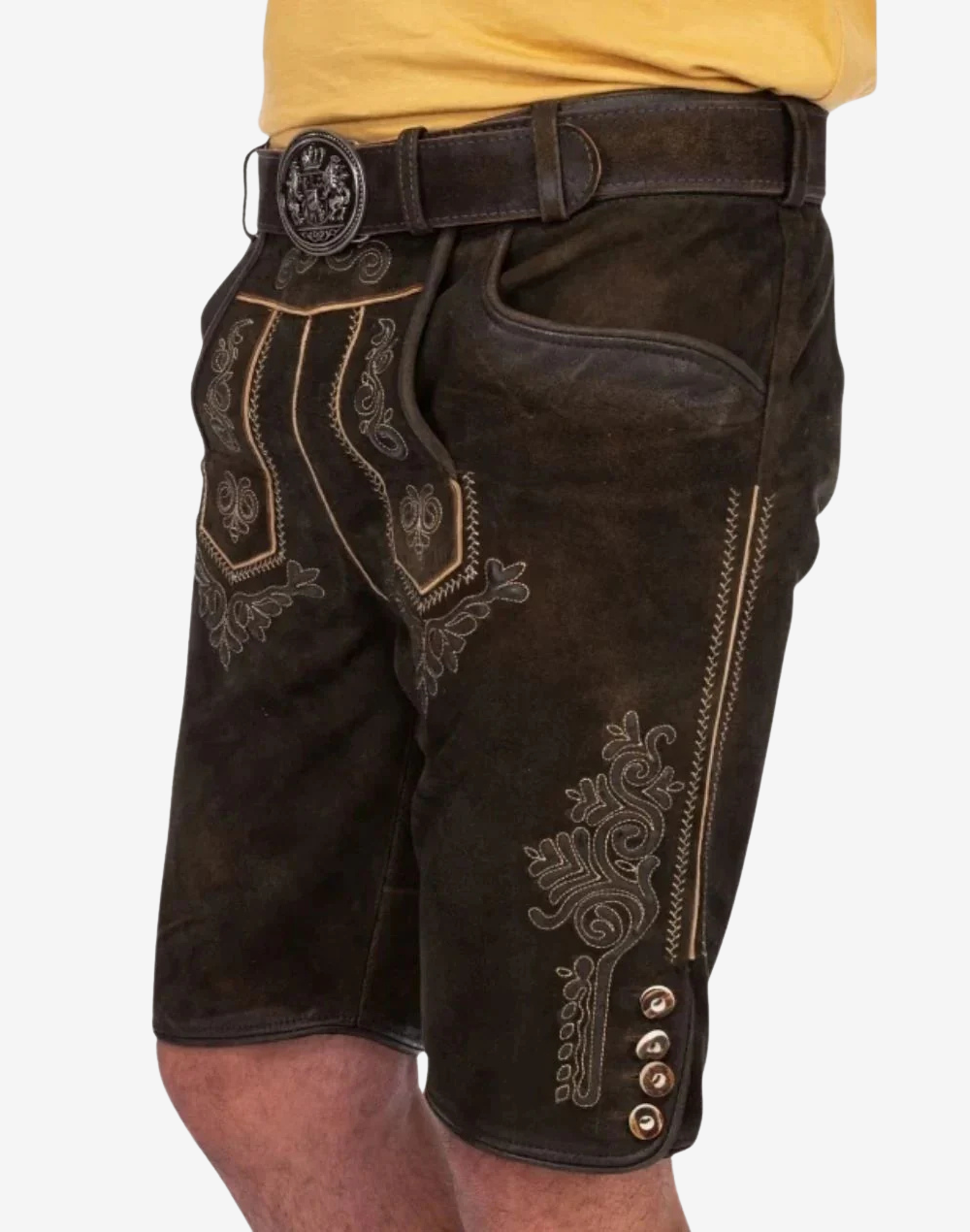 German tracht bundhosen lederhosen shorts with fleur motif stitching and front bib panel