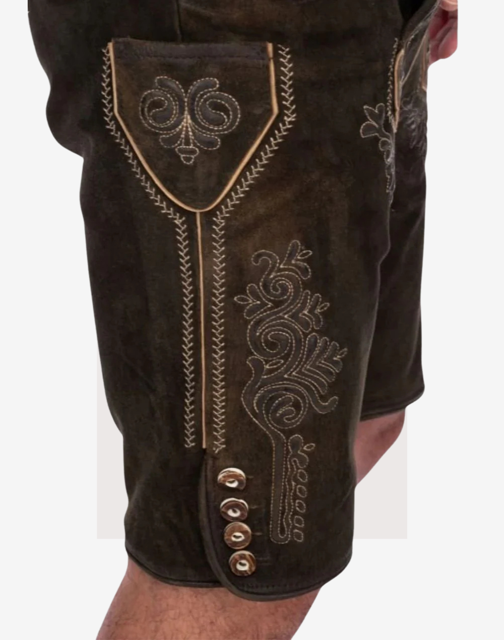 Traditional men’s lederhosen with belt, dark brown suede-style finish and side button detail