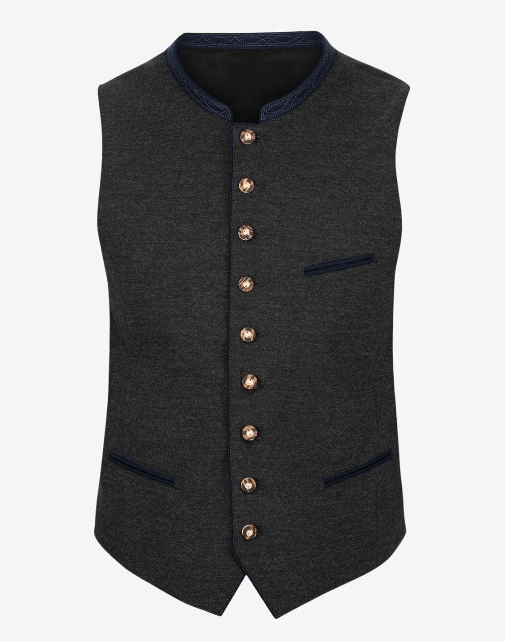 Front view of authentic German Trachten vest in dark wool with traditional Bavarian buttons
