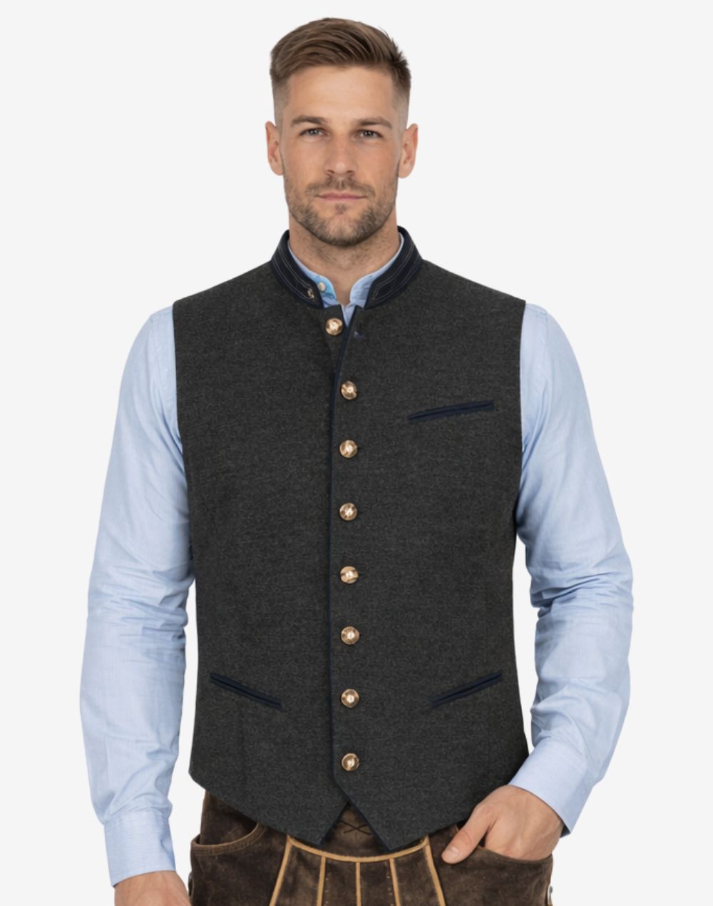 Model wearing authentic German Trachten vest with traditional Bavarian Oktoberfest style
