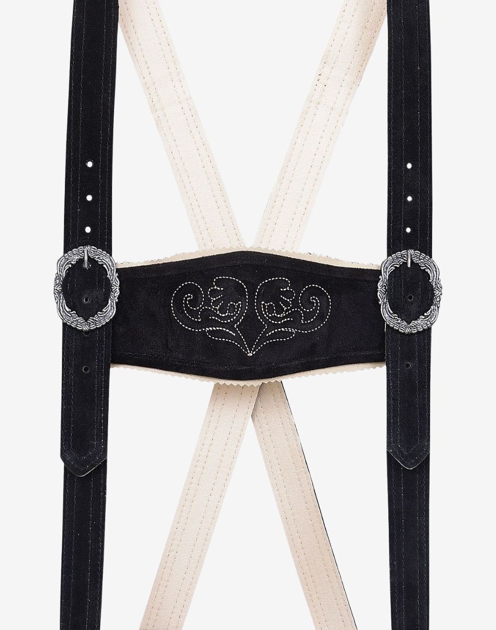 Close-up of men’s bundhosen suspenders with embroidered chest strap and decorative buckles