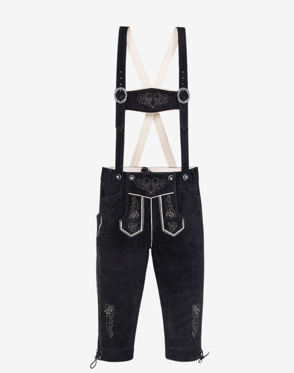 Full view of men’s Bavarian bundhosen with suspenders and traditional embroidered front flap