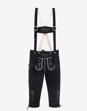 Full view of men’s Bavarian bundhosen with suspenders and traditional embroidered front flap