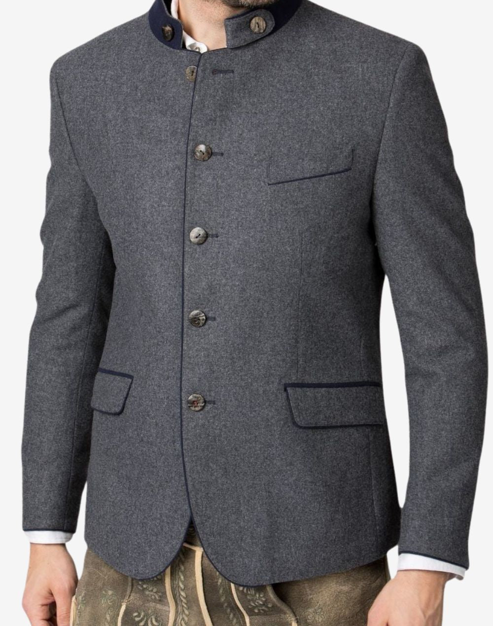 Front portrait of model wearing Bavarian festival jacket showing traditional buttons, wool texture and classic alpine design.