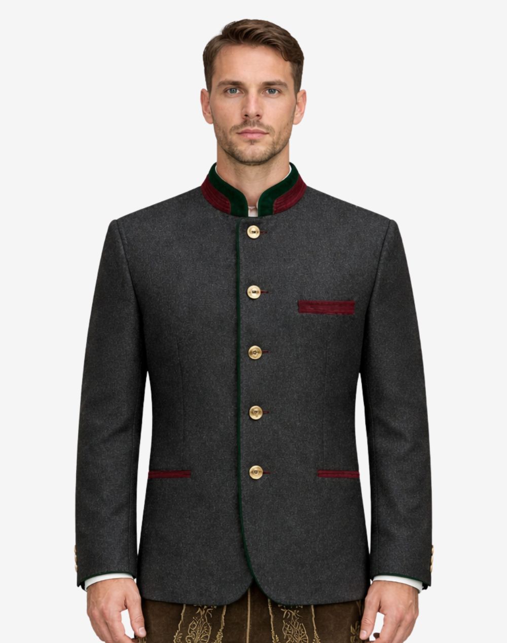 Front view of model wearing Mens Bavarian Heritage Jacket in charcoal with green piping and burgundy trim