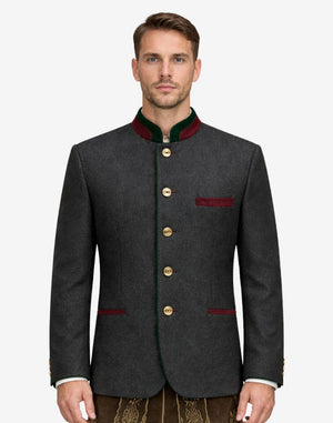 Front view of model wearing Mens Bavarian Heritage Jacket in charcoal with green piping and burgundy trim