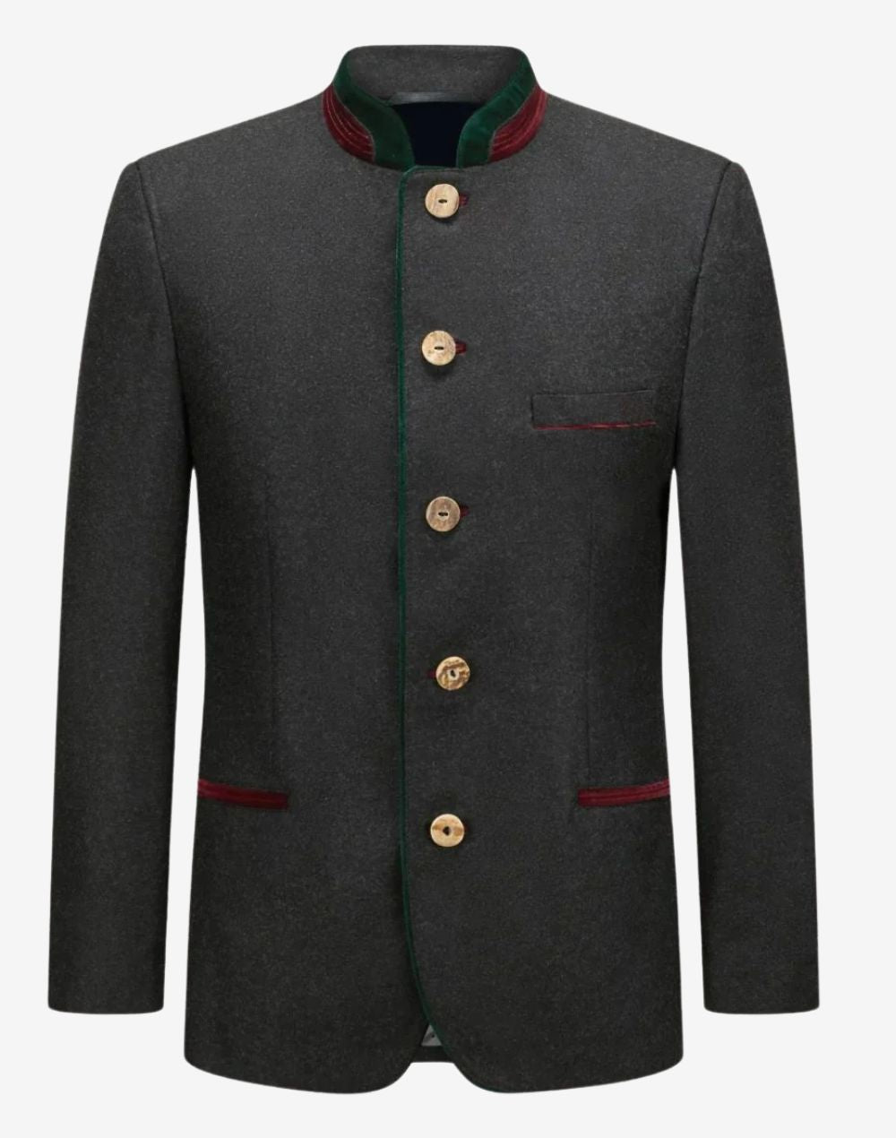 mens Bavarian heritage jacket featuring traditional stand collar, horn style buttons and classic alpine tailored fit