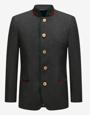 mens Bavarian heritage jacket featuring traditional stand collar, horn style buttons and classic alpine tailored fit