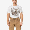 Model wearing Bavarian heritage lederhosen for men in light brown leather with traditional belt buckle design