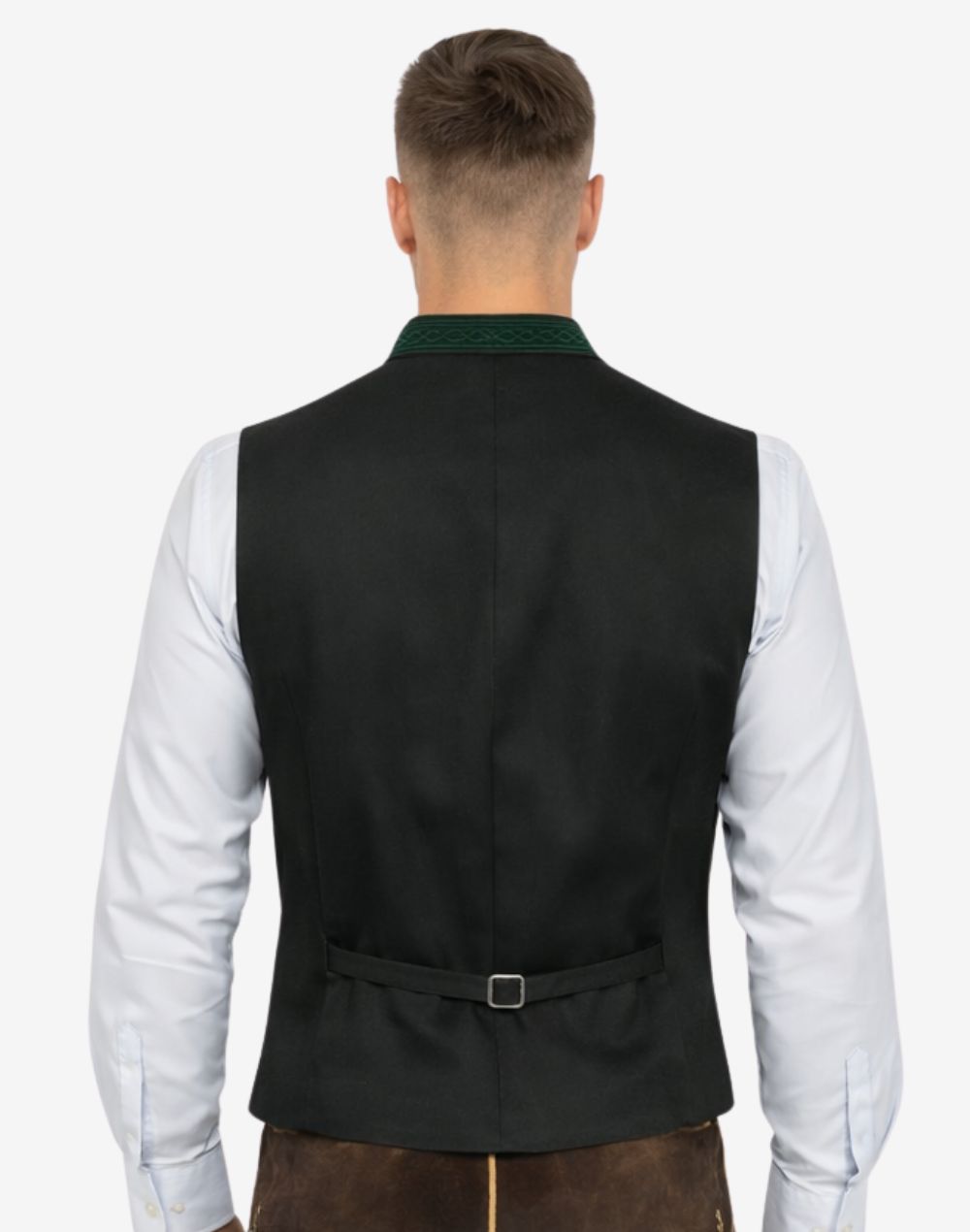 Back view of mens Bavarian heritage vest with adjustable strap, traditional tailoring and authentic Oktoberfest styling.
