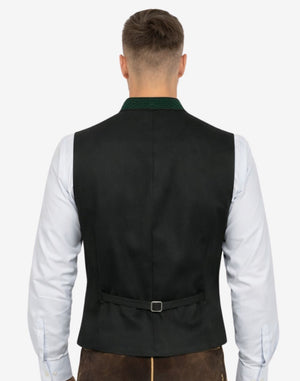 Back view of mens Bavarian heritage vest with adjustable strap, traditional tailoring and authentic Oktoberfest styling.