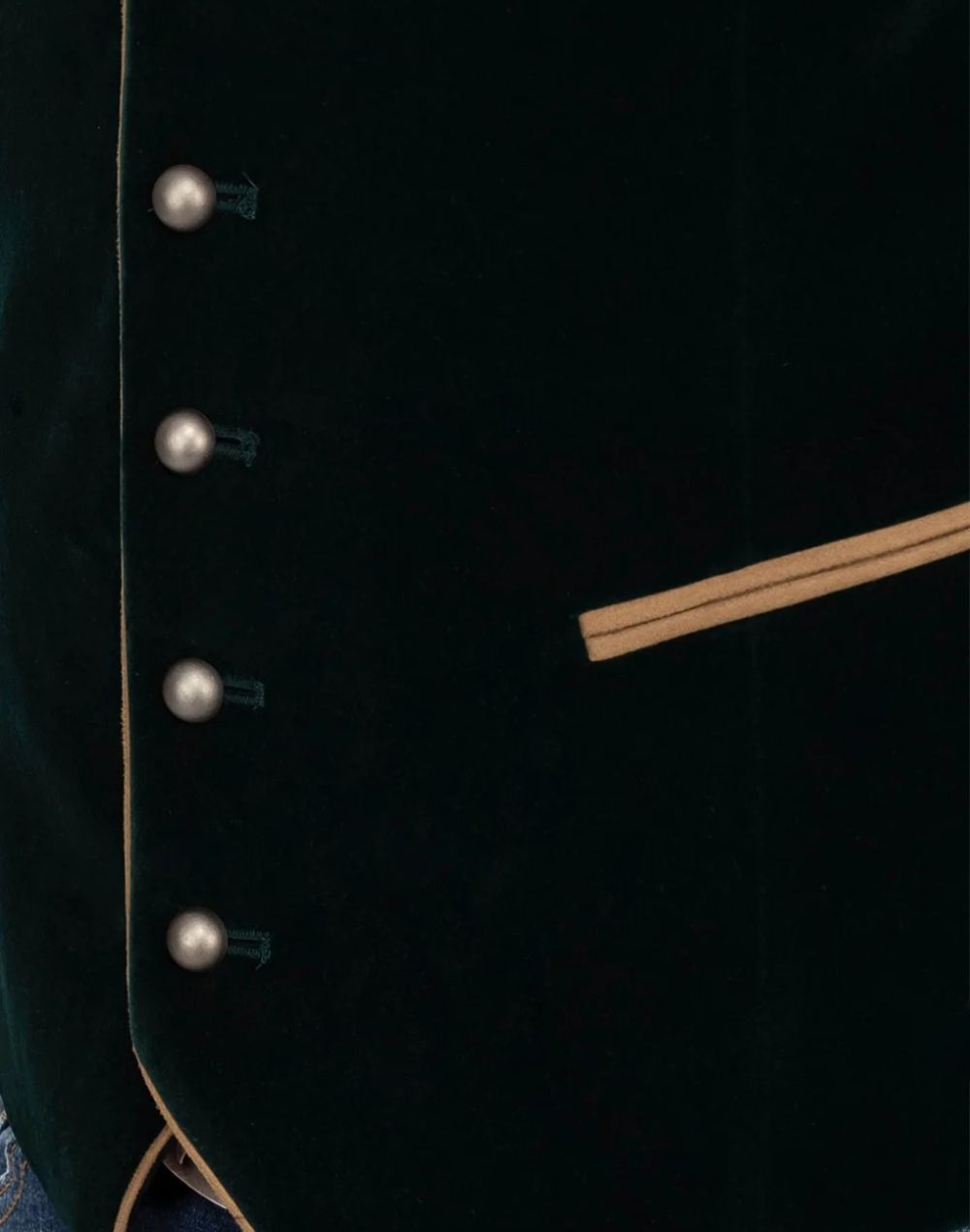 Close up detail of mens Bavarian heritage vest showing traditional horn buttons, wool texture and classic Trachten design.