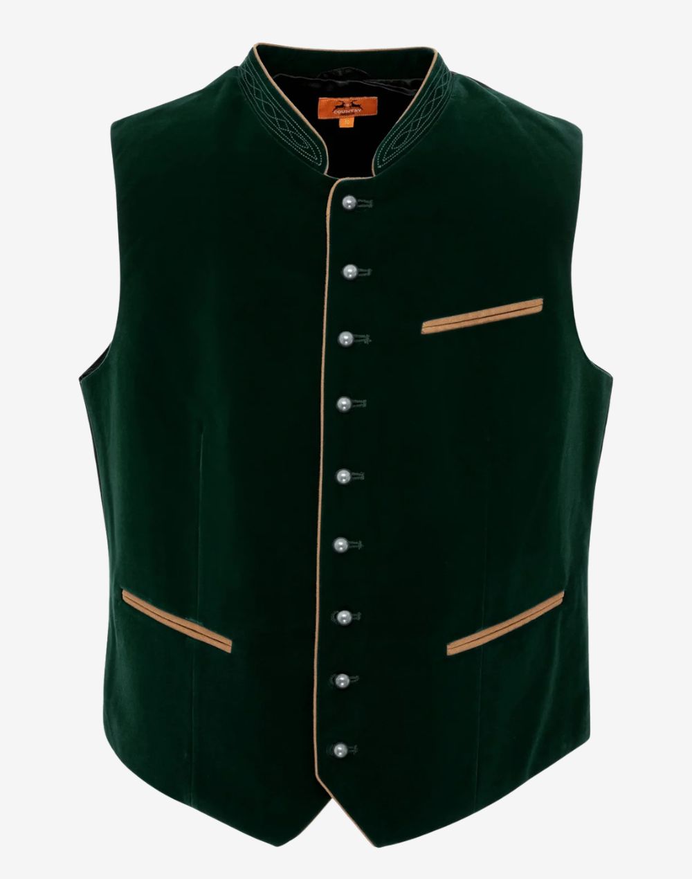 Mens Bavarian heritage vest with traditional Trachten style, horn buttons, wool fabric and classic Oktoberfest design.