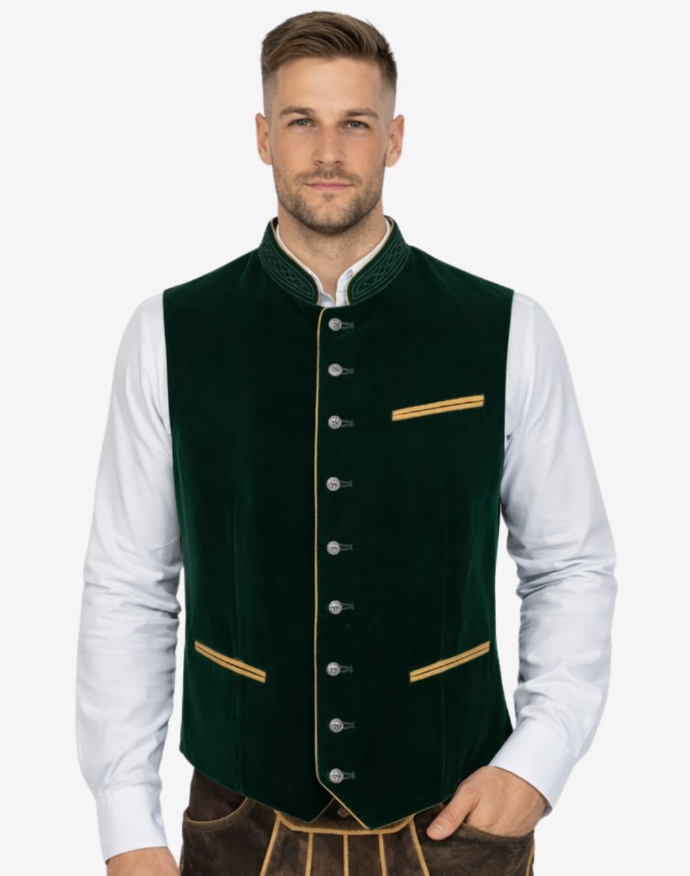 Model wearing mens Bavarian heritage vest styled with traditional shirt and lederhosen for classic Oktoberfest outfit.