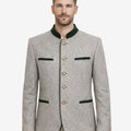 Model wearing mens timeless Bavarian jacket front view featuring traditional buttons, stand collar and classic Oktoberfest look.