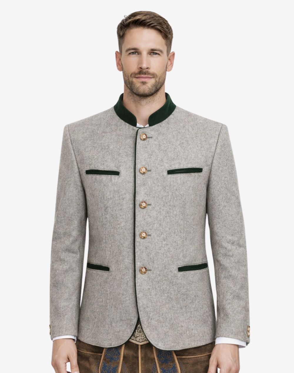 Model wearing mens timeless Bavarian jacket front view featuring traditional buttons, stand collar and classic Oktoberfest look.