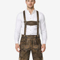 Model wearing mens Bavarian leather shorts with traditional suspenders and embroidered Oktoberfest lederhosen