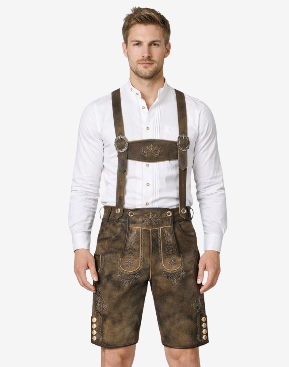 Model wearing mens Bavarian leather shorts with traditional suspenders and embroidered Oktoberfest lederhosen