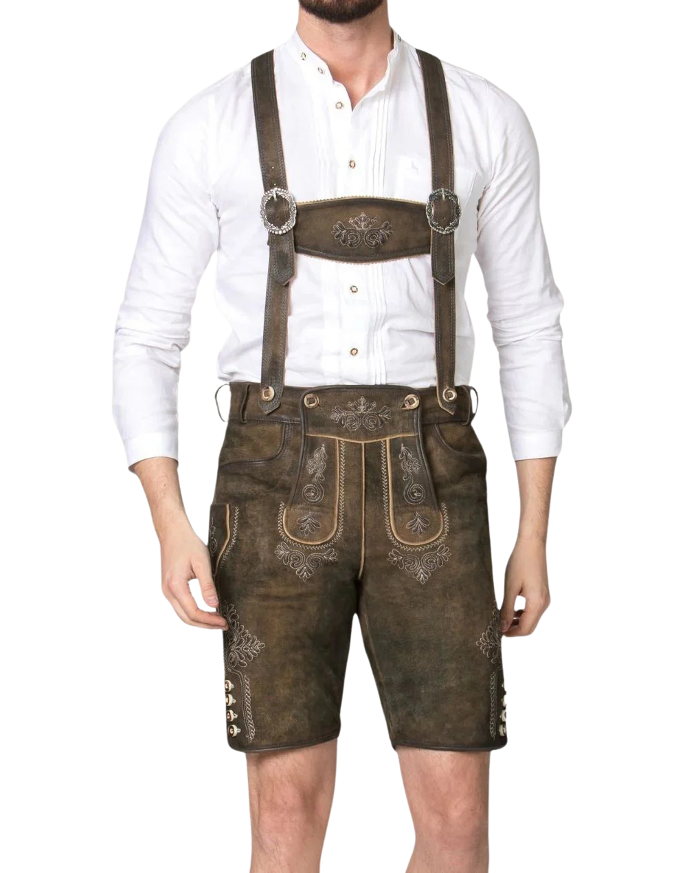 Bavarian leather shorts for men worn with matching suspenders and belt front outfit view