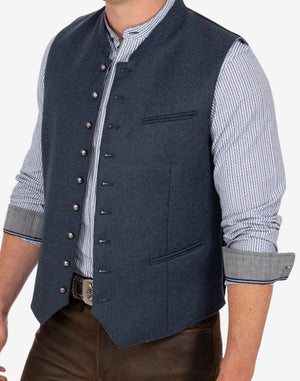 Model wearing mens Bavarian waistcoat vest displaying fitted silhouette, button closure and authentic Oktoberfest styling