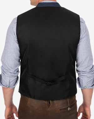 Back view of mens Bavarian waistcoat vest showing adjustable rear strap, clean tailoring and traditional vest construction