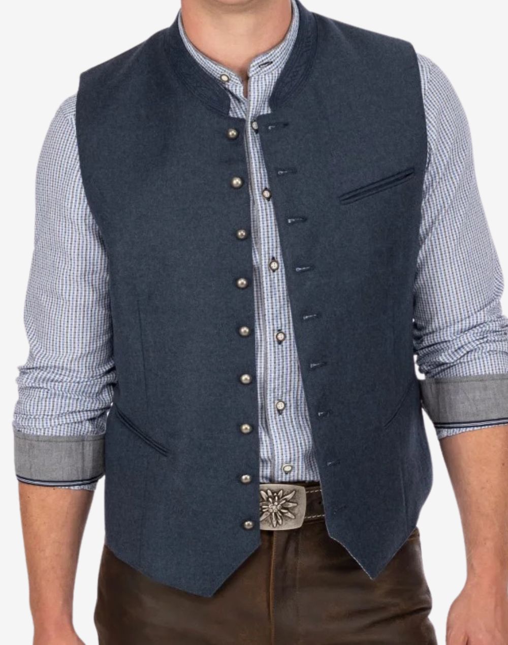 Angled wearing view of mens Bavarian waistcoat vest highlighting tailored cut, classic design and traditional alpine look