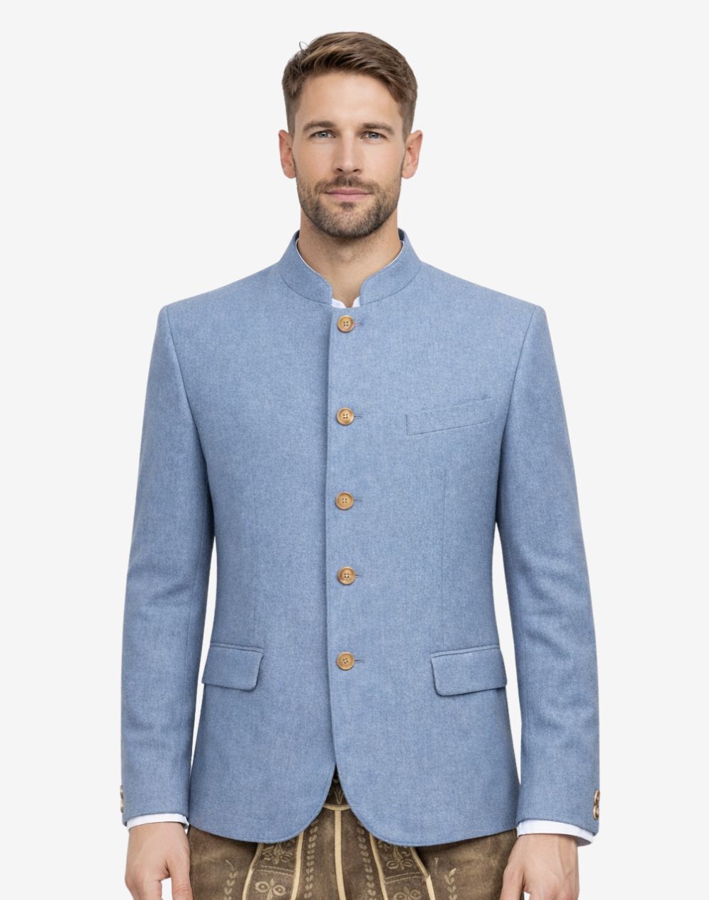 Model wearing blue wool alpine jacket front view highlighting stand collar, classic buttons and authentic Oktoberfest outfit.