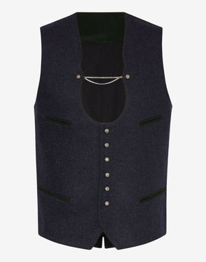Mens blue wool Bavarian vest with traditional Trachten buttons, green trim details and classic Alpine Oktoberfest style.