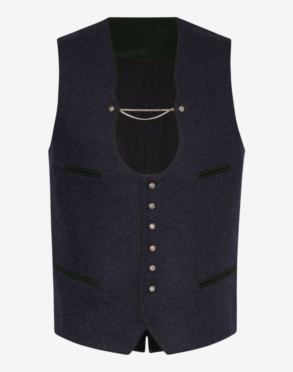 Mens blue wool Bavarian vest with traditional Trachten buttons, green trim details and classic Alpine Oktoberfest style.
