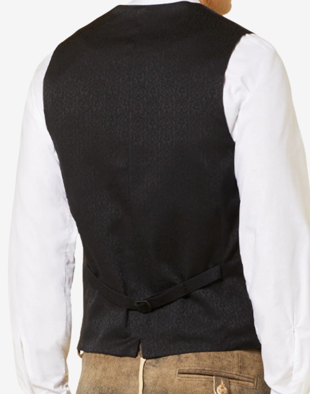 Back view of mens blue wool Bavarian vest featuring adjustable strap, traditional fit and classic Oktoberfest styling.